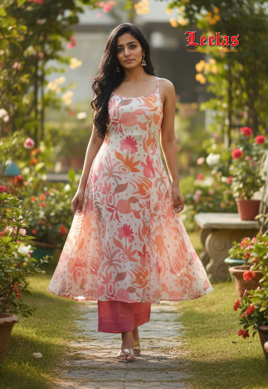 Pink, coral, peach and orange kurti set with abstract floral and leaf print.