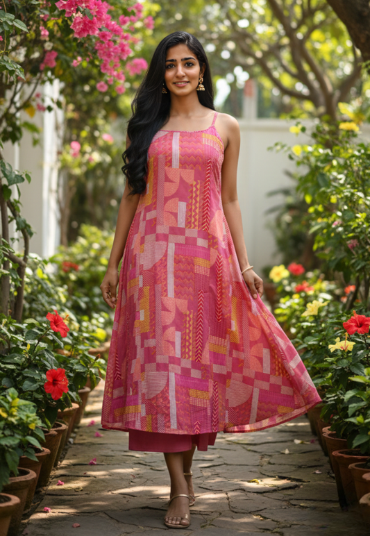 Peach and pink cotton kurti set