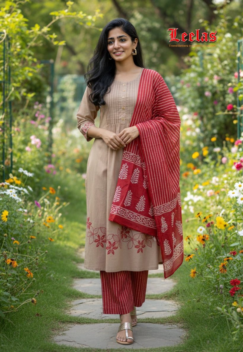 Cream/Rust cotton salwar kameez with pants and dupatta