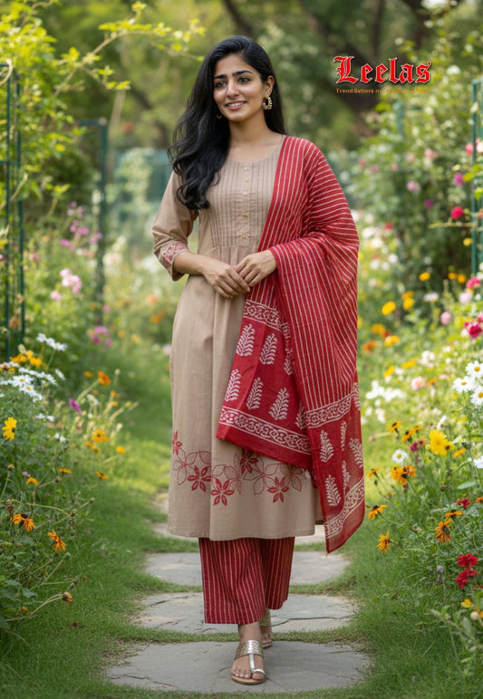 Cream/Rust cotton salwar kameez with pants and dupatta