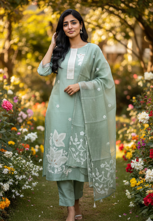 Mint green silk salwar kameez with embroidered floral print and bead work