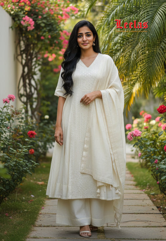 Off white cotton salwar kameez with pants and dupatta