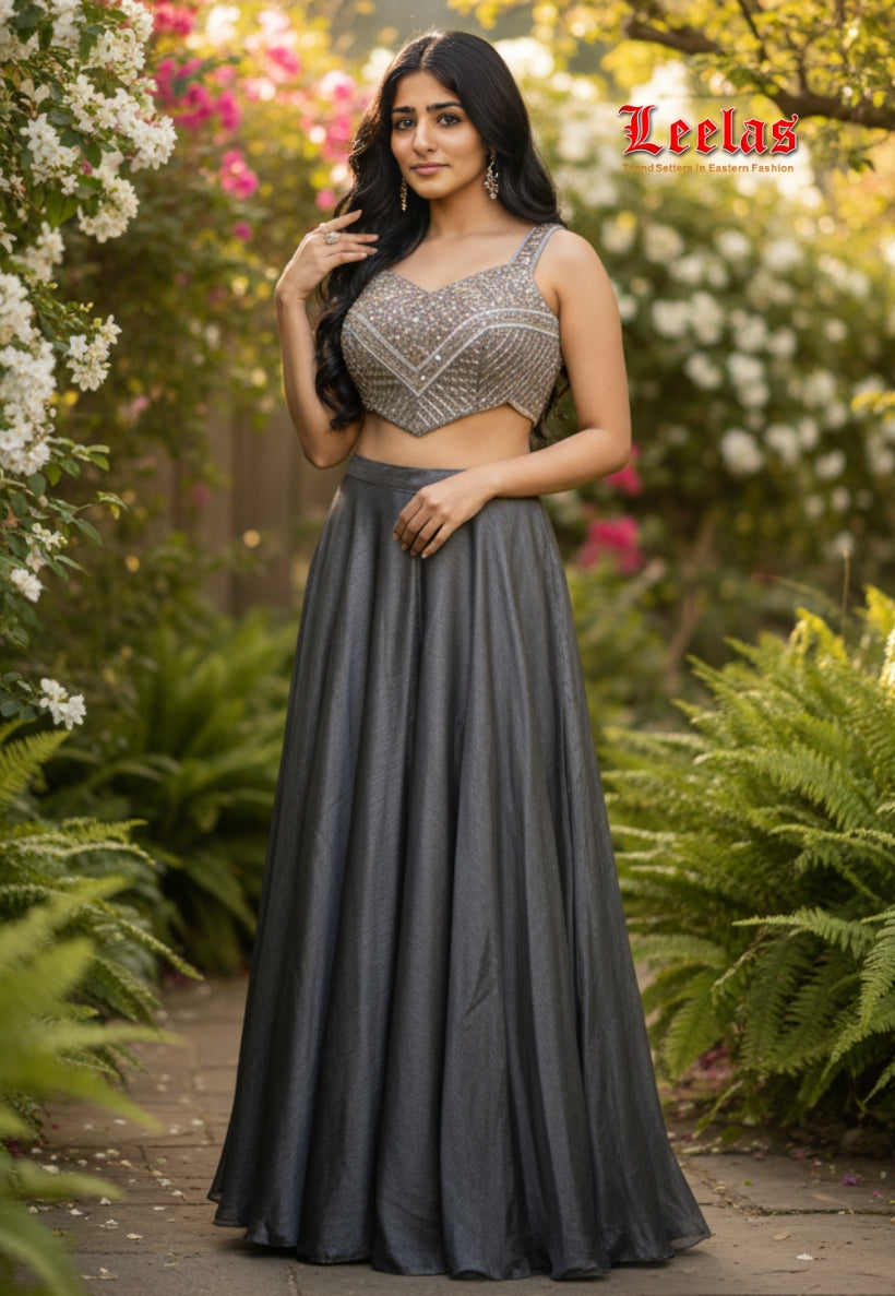 Grey indo western satin silk outfit with sequins and beadwork top, pallazzo pants and dupatta