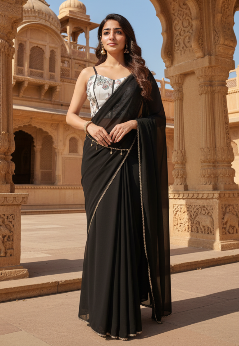 Black chiffon ready to wear saree with sequins and embroidery work