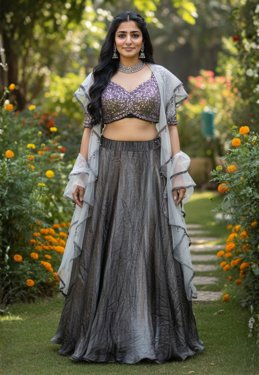 Lightweight crushed silk blend lengha with cropped V neck style heavily embossed sequins and beaded top in shades of silver, grey and bronze