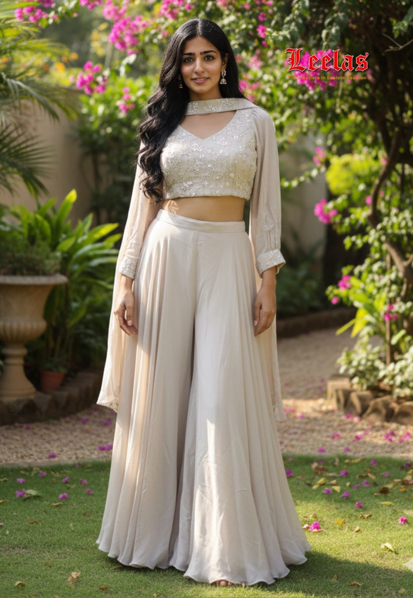 Champagne indo western outfit, sequins and beadwork top with palazzo pants and dupatta