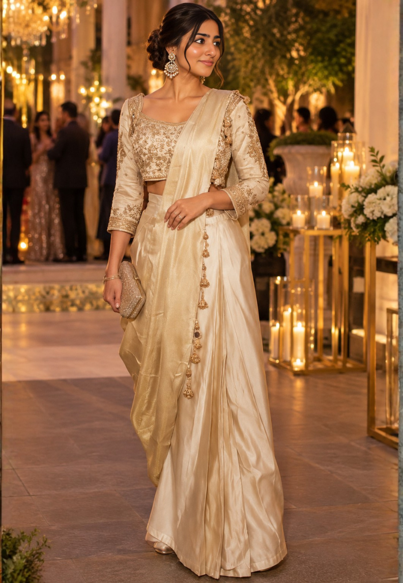 Beige gold ready to wear saree with metallic gold and bronze zardozi work