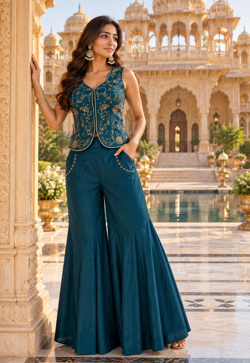 Teal Indo Western outfit with beaded and sequins blouse with palazzo pants