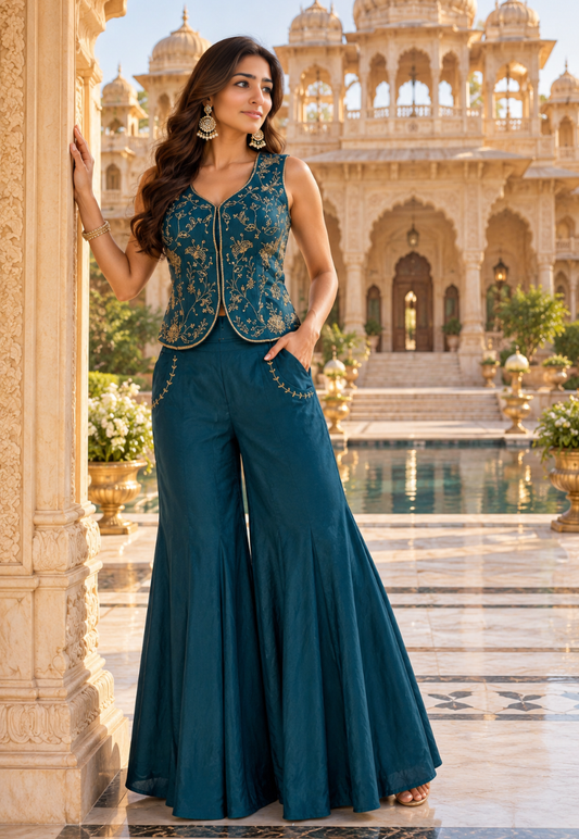 Teal Indo Western outfit with beaded and sequins blouse with palazzo pants