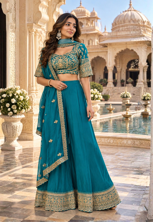 Turquoise green Indo Western outfit with intricate zari and sequins with flare pants