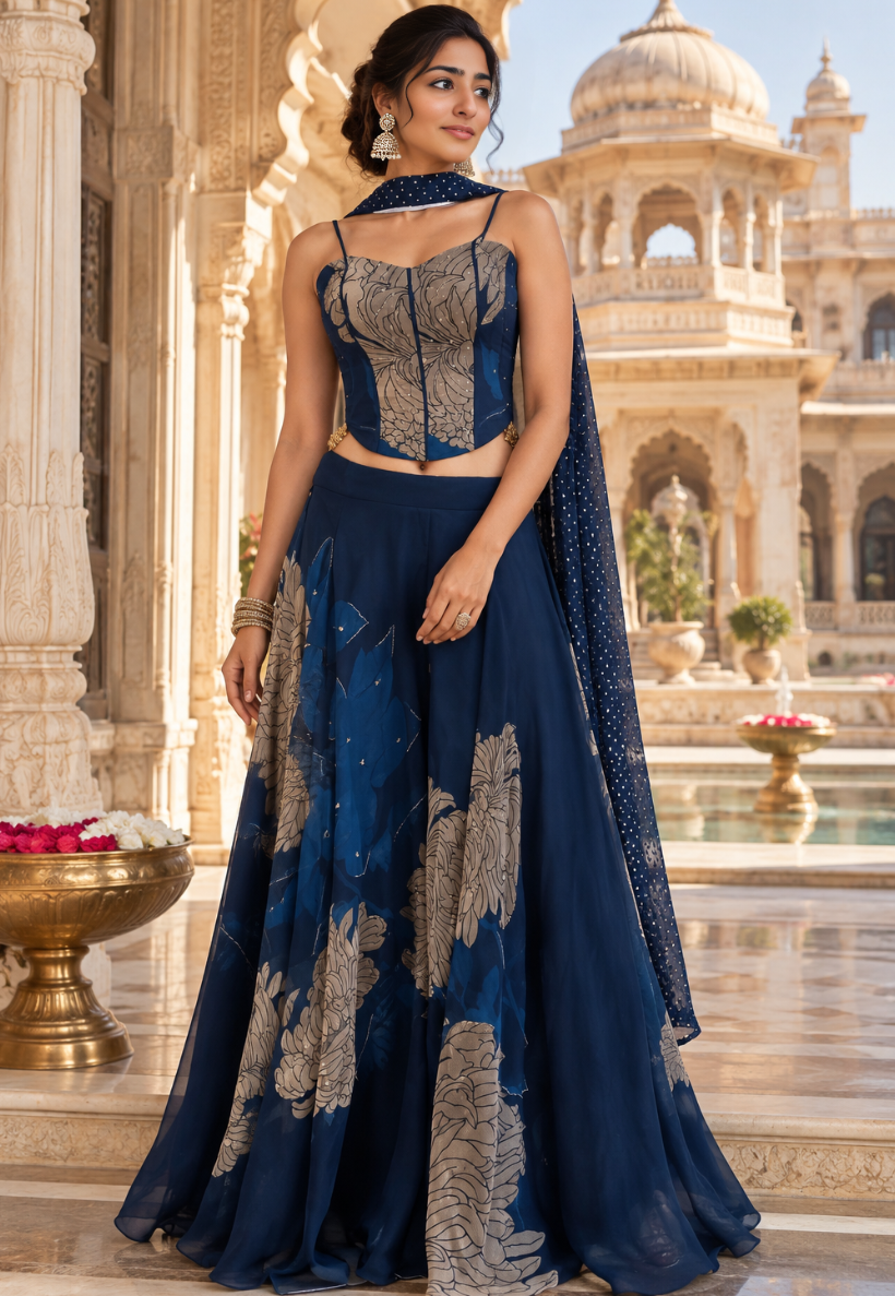 Royal blue Indo Western outfit with beige and navy floral pattern with wide leg palazzo pants