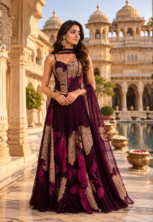 Rich wine Indo Western outfit with beige and berry pink floral pattern with wide leg palazzo pants