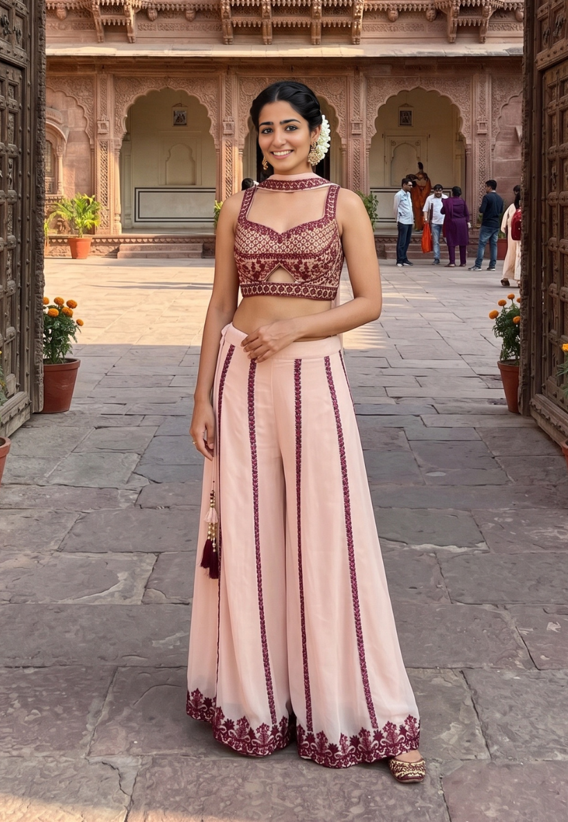 Champagne pink Indo Western outfit with floral embroidery in burgundy, olive and antique gold sequins with palazzo pants
