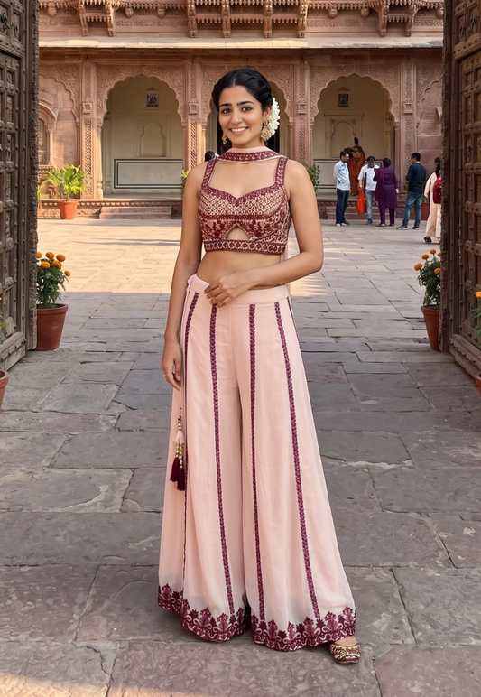 Champagne pink Indo Western outfit with floral embroidery in burgundy, olive and antique gold sequins with palazzo pants