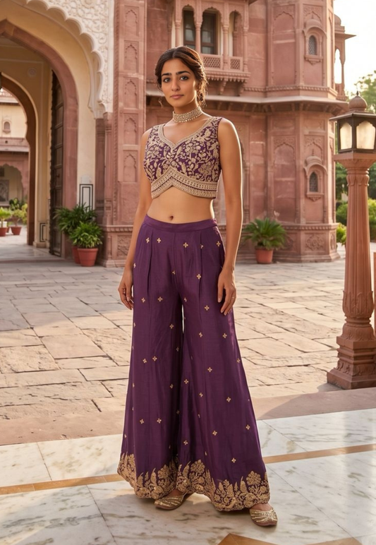 Deep wine Indo Western outfit with zari and sequins blouse with pants