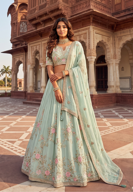 Sea blue green lengha with delicate embroidery and beadwork blouse