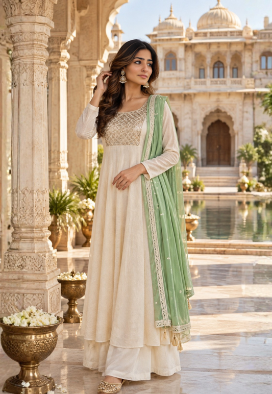 Cream beaded and sequins salwar kameez with matching palazzo pants