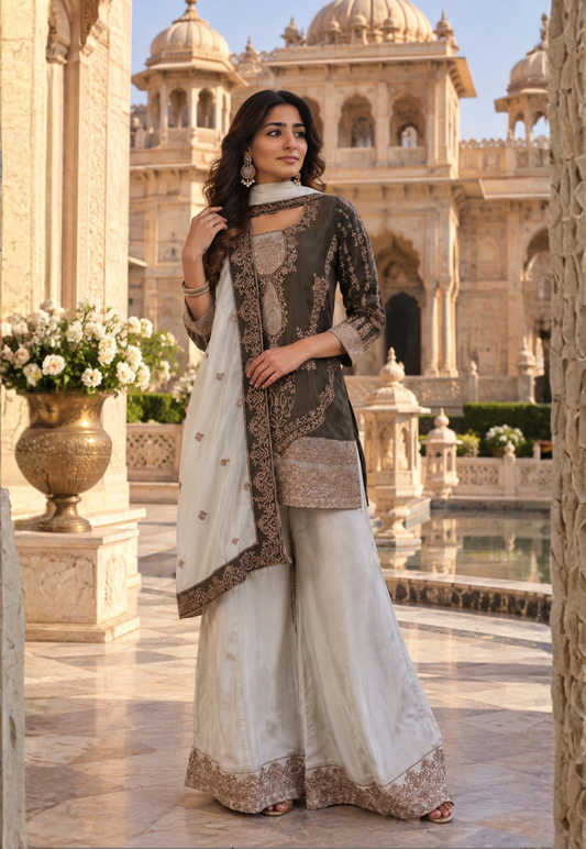 Champagne and dark khaki metallic zari embroidered sharara with wide leg pants