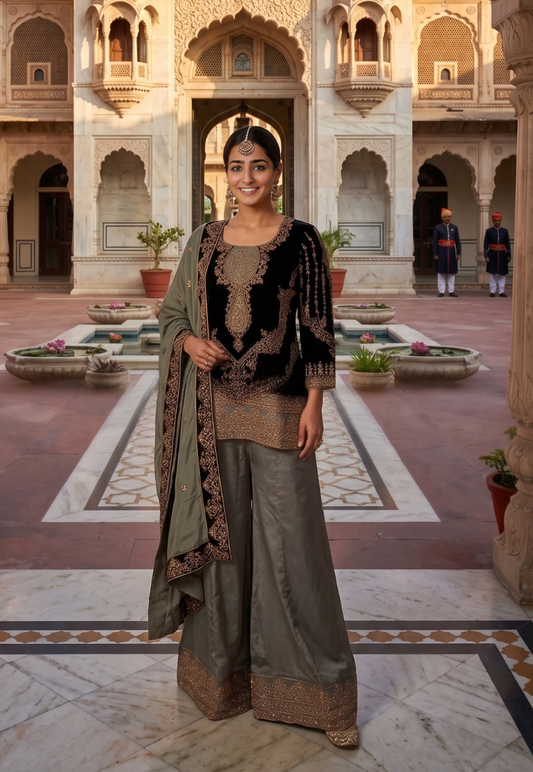 Champagne and black metallic zari embroidered sharara with wide leg pants