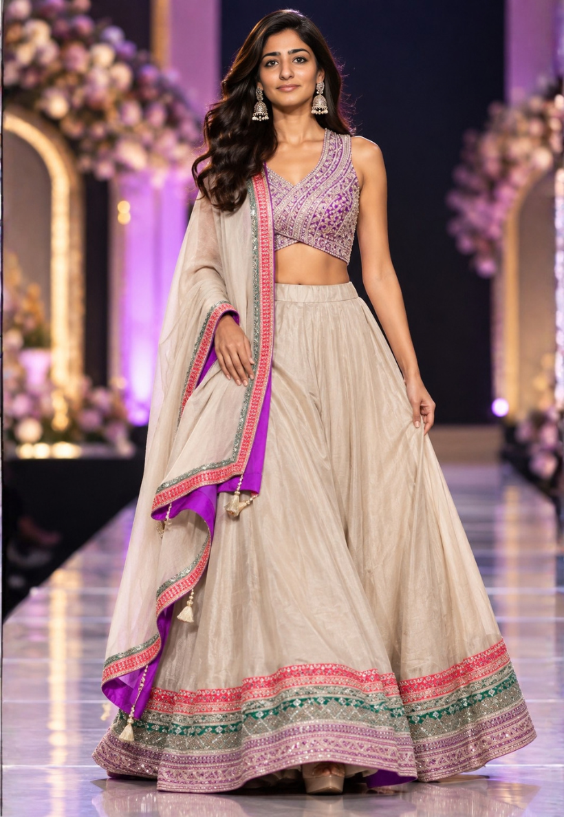 Champagne and purple lengha with sequins and zari work