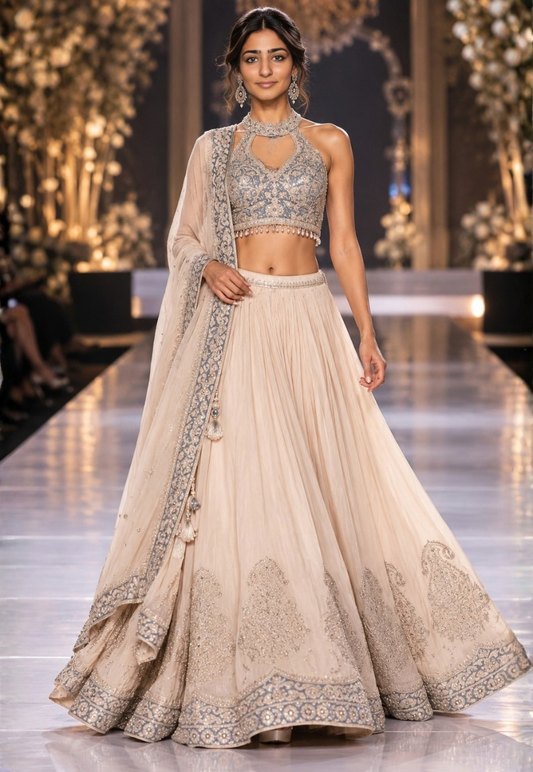 Cream and turquoise lengha with sequins and zari work