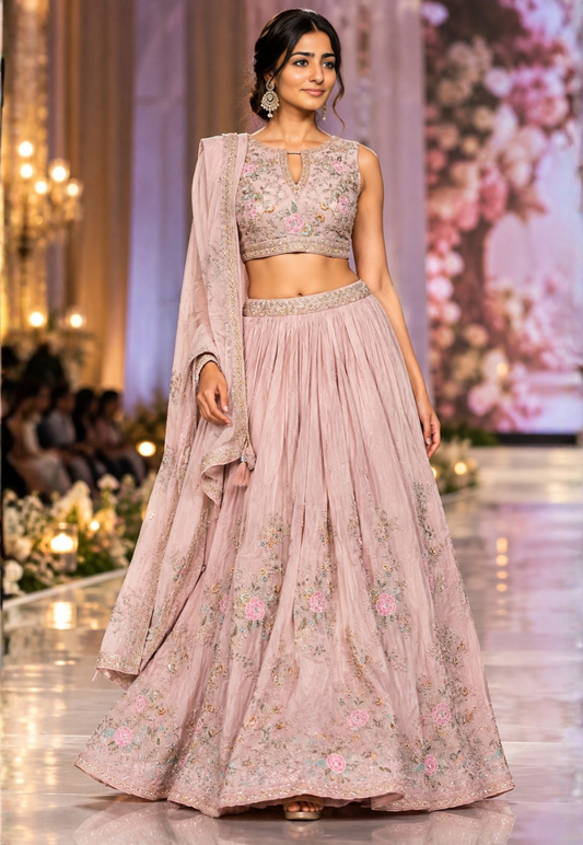 Blush pink lengha with delicate embroidery, bead and stonework