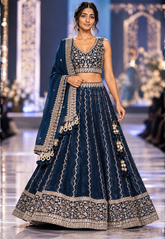 Deep blue lengha with zari and sequins