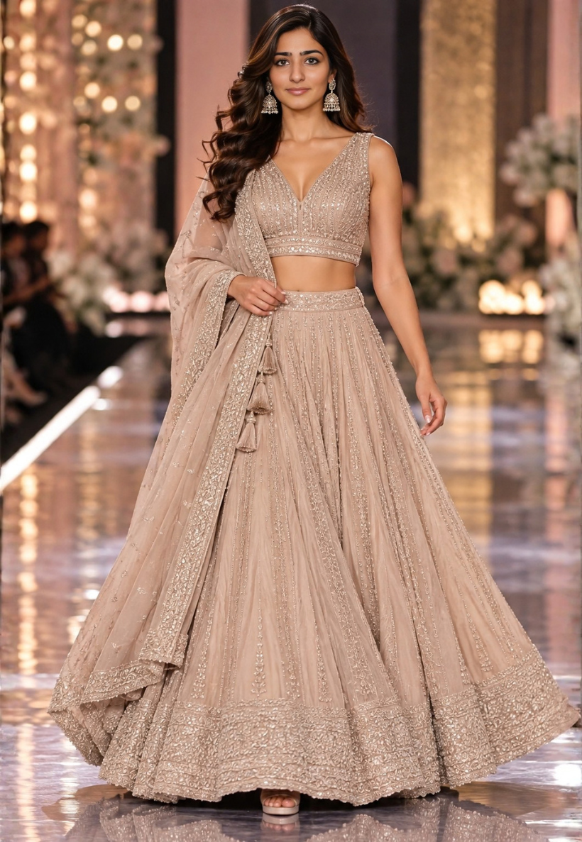 Elegant taupe lengha with sequins and zariwork