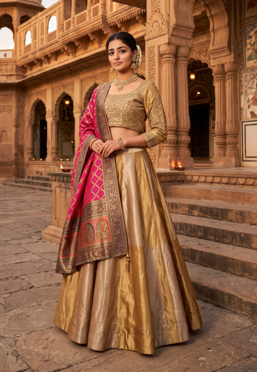 Gold toned lengha with metallic antique beaded and sequins blouse