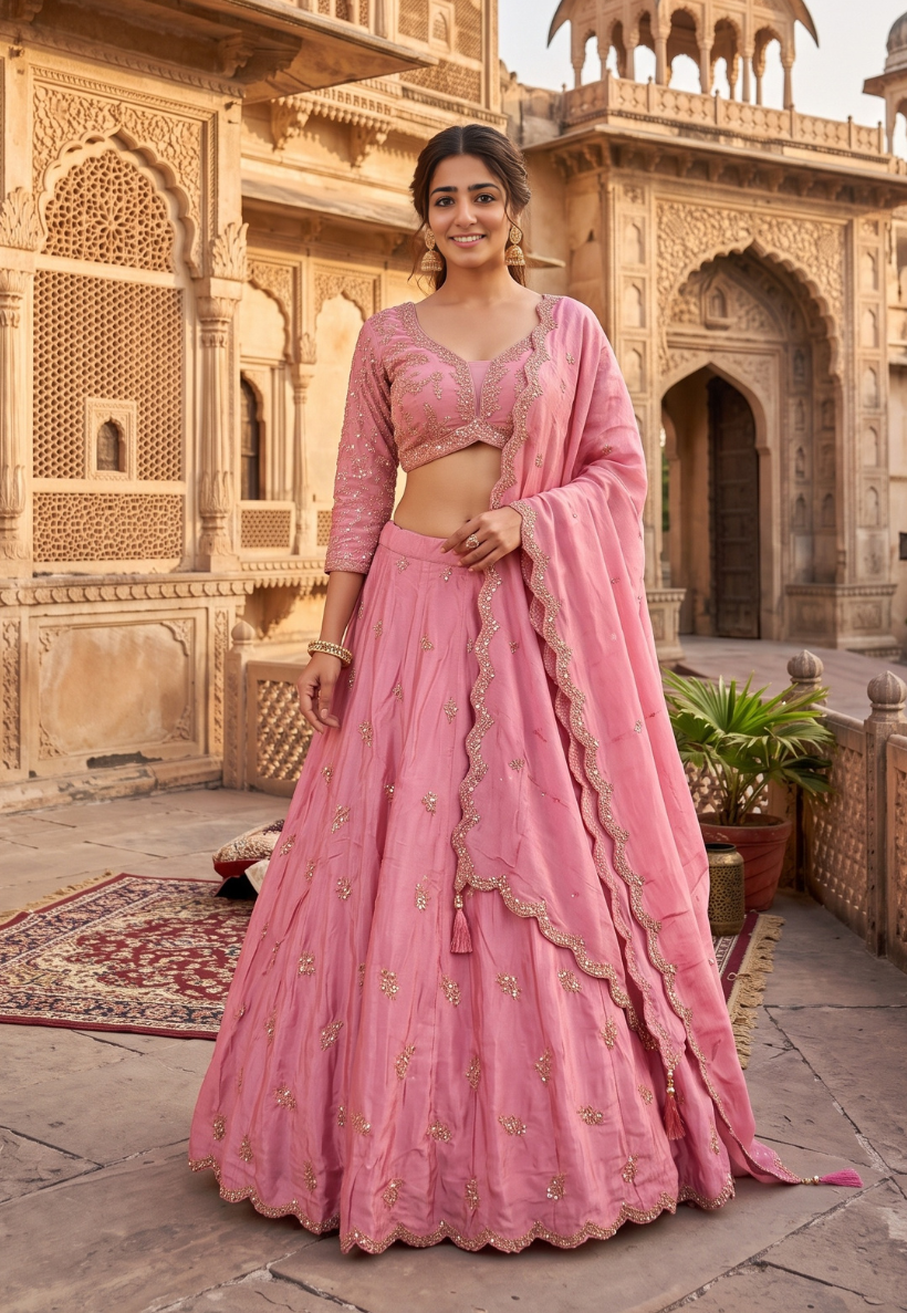 Soft rose pink lengha with intricate gold sequins and beadwork
