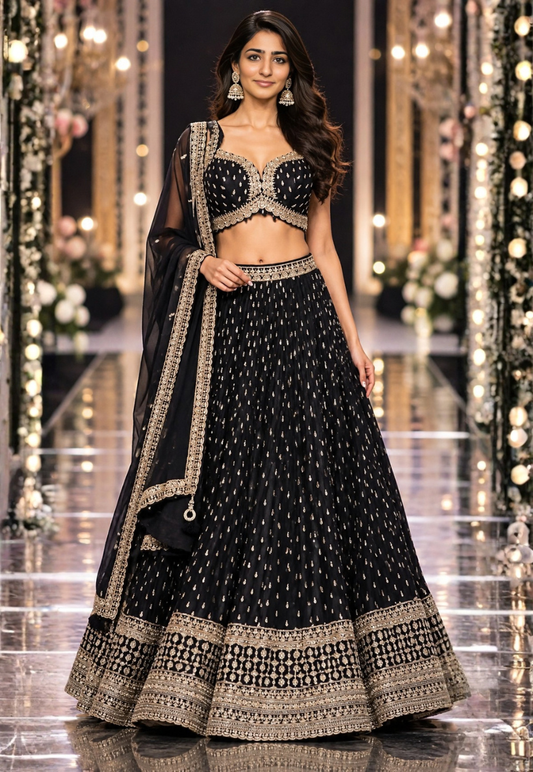 Black lengha with sequins, zari and beadwork