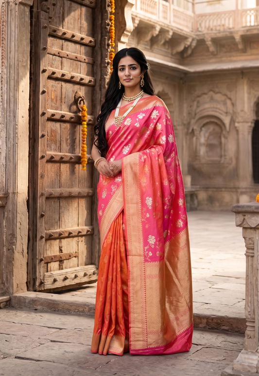 Coral peach art silk floral saree with metallic silver and gold zari pattern