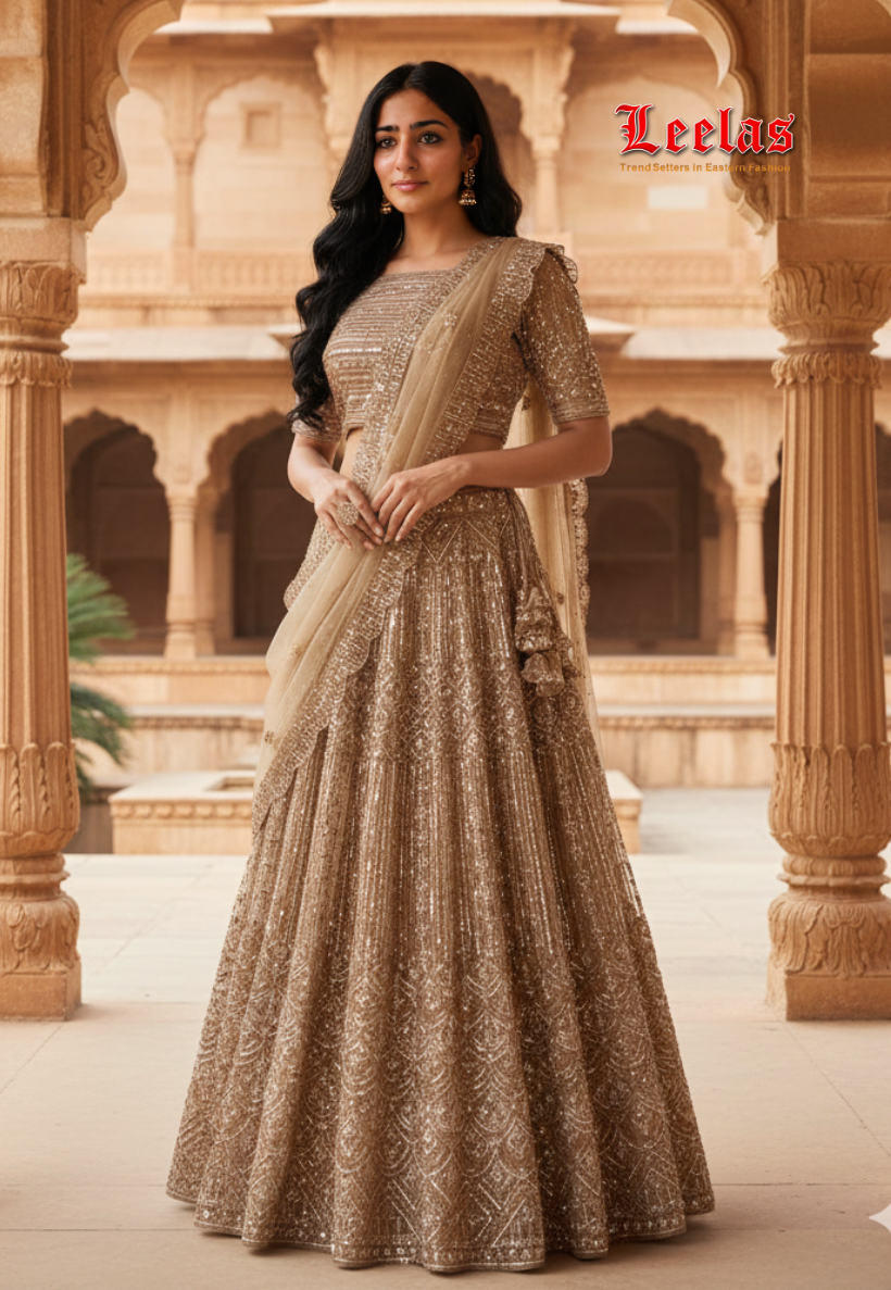 Caramel semi-stitched net lengha choli with full sequins and embroidery work