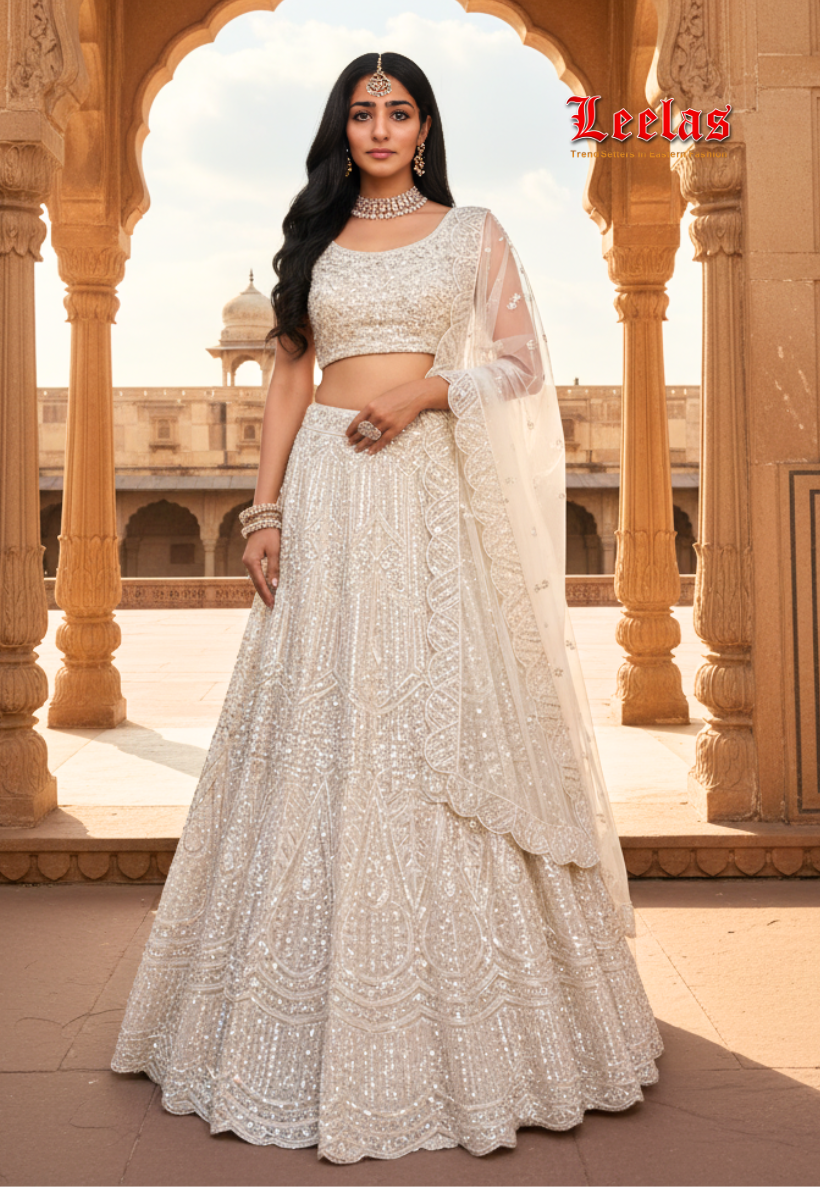 Pearl white  semi-stitched net lengha with sequins and embroidery work