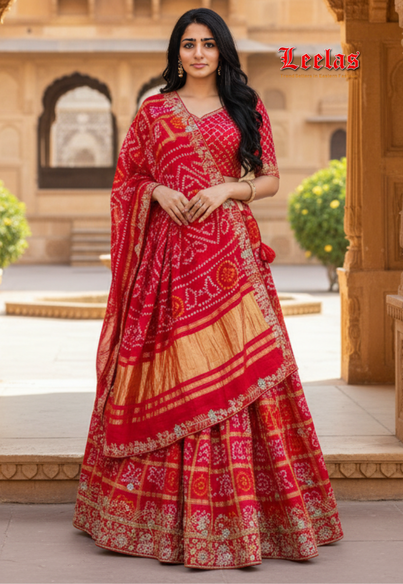Traditional red gajji silk bandhani semi-stitched lengha with intricate gold gotapatti work with unstitched matching blouse piece