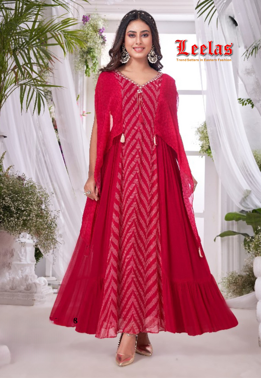 Cerise pink and white gorgette gown with beadwork detail on neckline