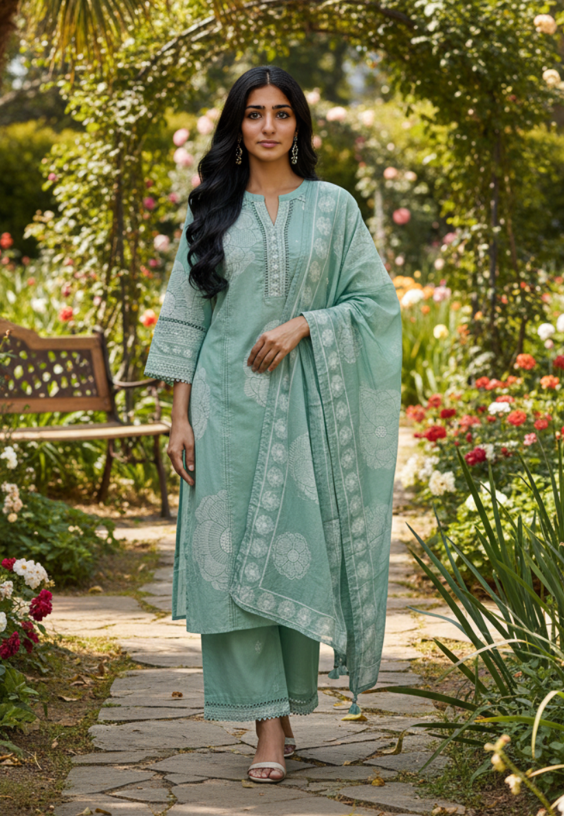 Sage green cotton salwar kameez with embroidered floral print