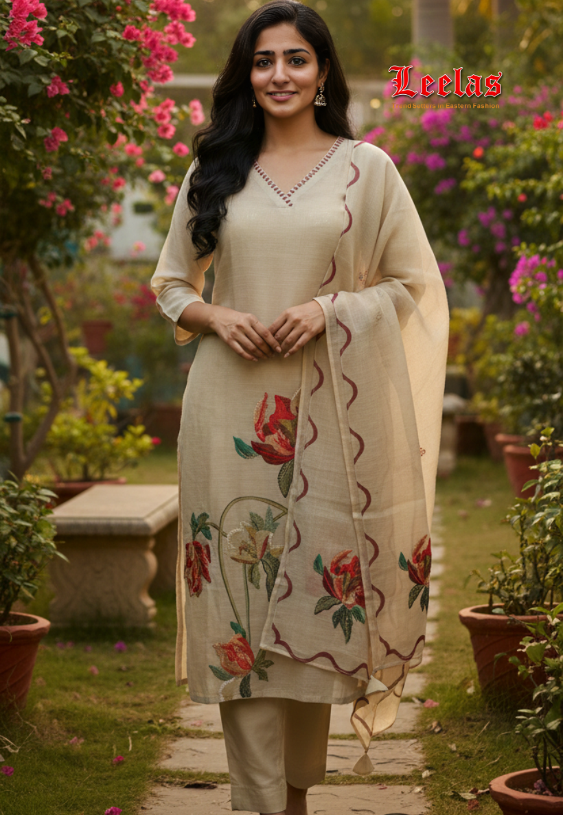 Cream floral salwar kameez