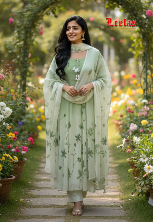 Mint green cotton salwar kameez with pants and dupatta