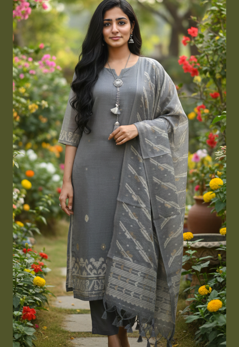 Grey salwar kameez with embossed pattern