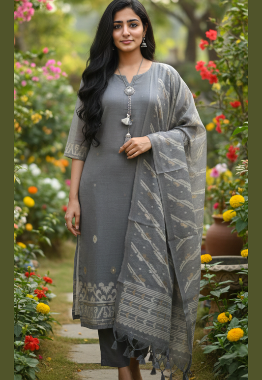Grey salwar kameez with embossed pattern