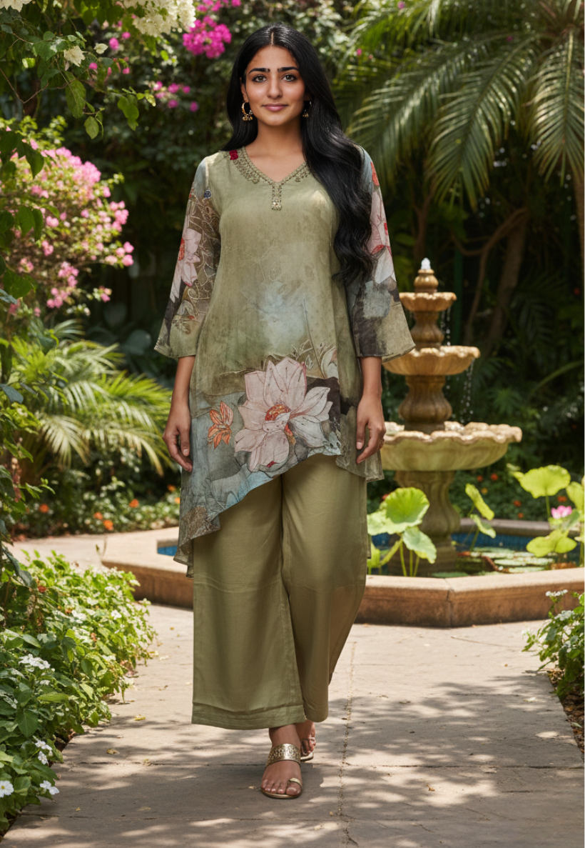 Olive green floral kurti set