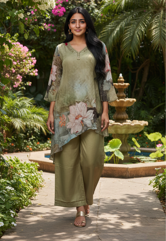 Olive green floral kurti set