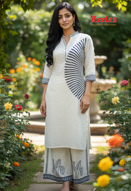 Off white and black cotton silk kurti set