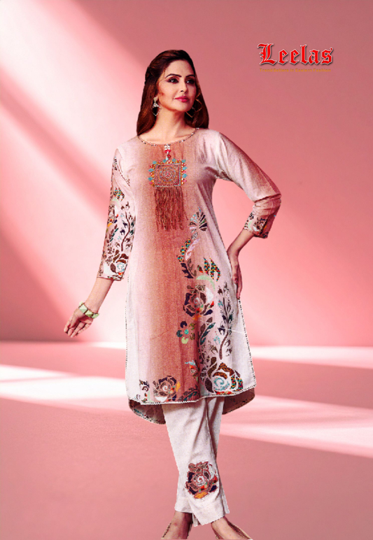 Cream and beige kurti set with multi-coloured floral print, embroidery, mirror and beadwork.