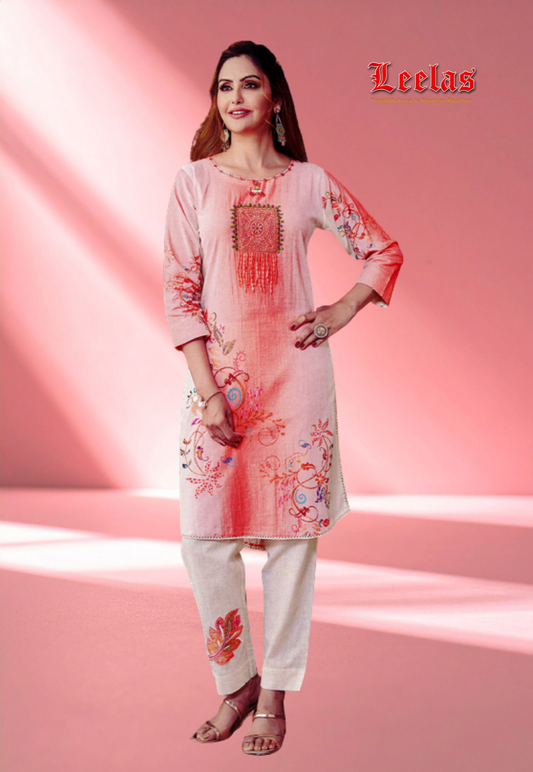Mink and cream kurti set with multi-coloured floral print, embroidery, mirror and beadwork.