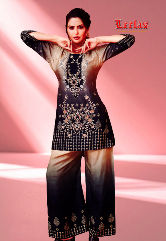 Ombre muted gold and navy kurti set with floral print, embroidery, stone and sequins work.