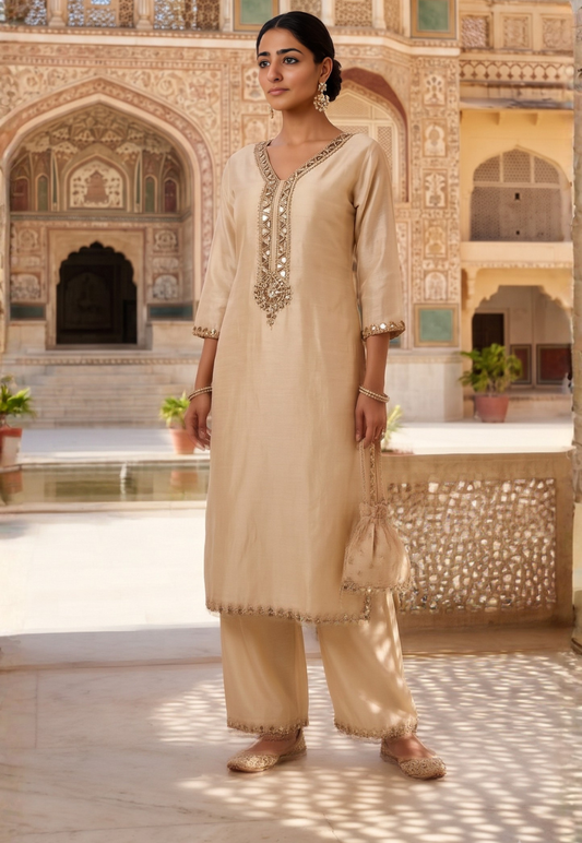 Cream and gold kurti set with sequins, pearl and mirror work