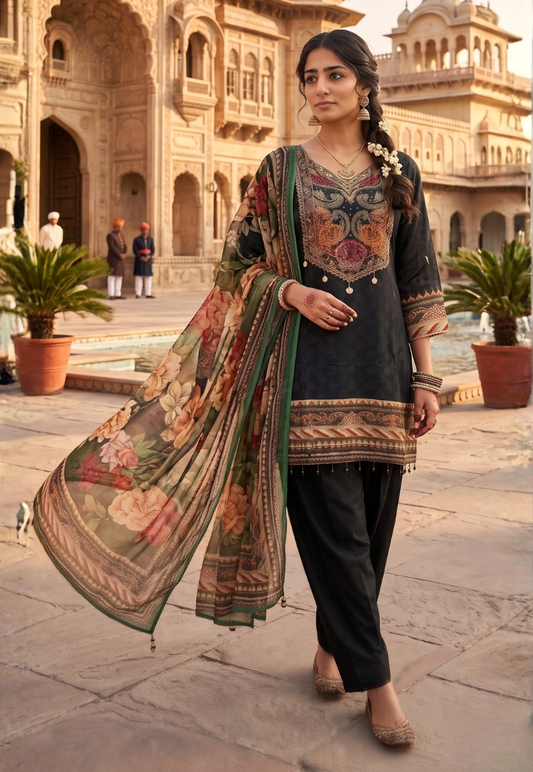 Dark olive black farsi suit with heavily embellish stone and beadwork
