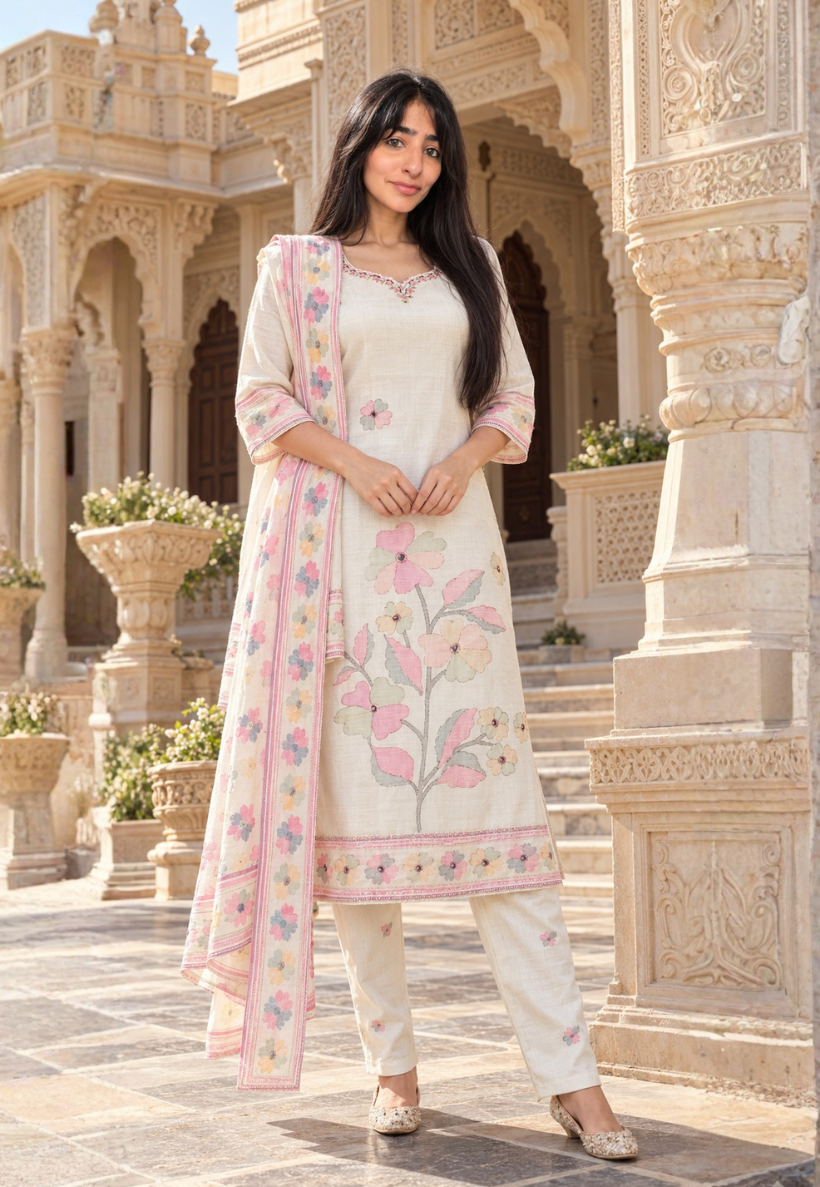 Cream salwar kameez with mirrorwork and embroidery
